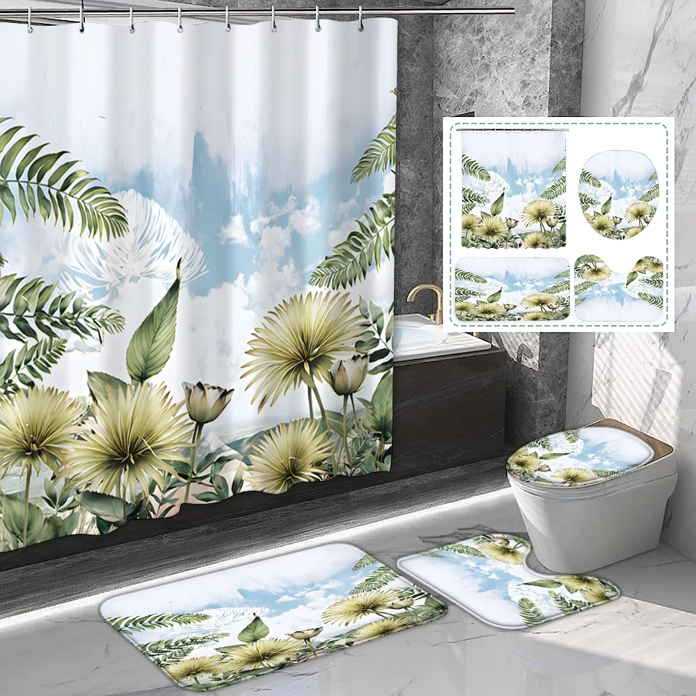 1 set of plant landscape blue sky printed polyester shower curtains, natural style, with plastic hooks and bathroom mats