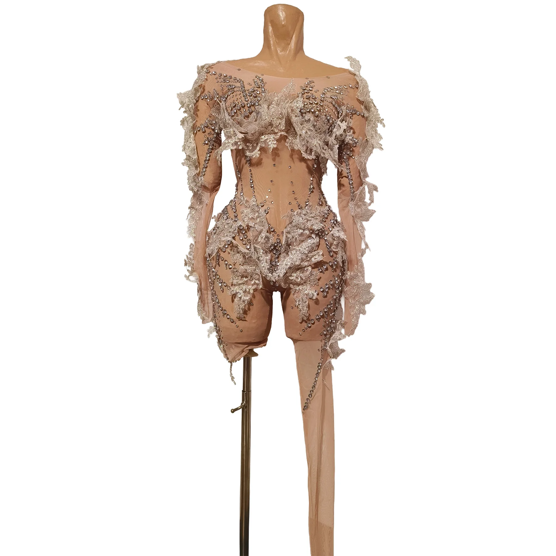 Kuwei Luxury Silver Rhinestone 3D Lace Floral Bodysuit Off Shoulder Long Sleeve Sheer Mesh Women Dancer Stage Show Costume