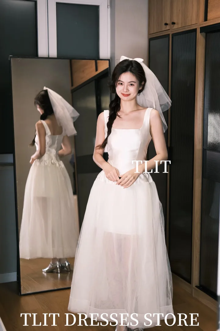 TLIT 우아한 화이트 A 라인 웨딩 드레스 스파게티 스트랩 댄스 파티 드레스 한국 신부 드레스 사진 촬영 맞춤형 발목 길이 가운