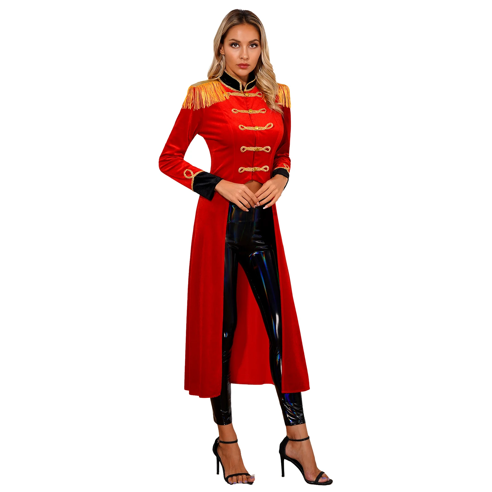 Womens Circus Ringmaster Cosplay Performance Costume Velvet Tailcoat Fringe Boards Renaissance Gothic Long Sleeve Velvet Jacket