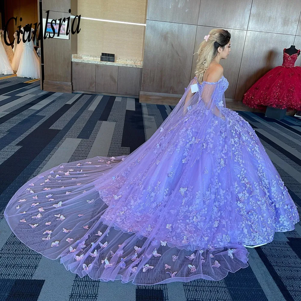 Abiti da Quinceanera a farfalla in pizzo con applicazioni floreali di lavanda abito da ballo con mantello con spalle scoperte corsetto per dolci 15 ragazze