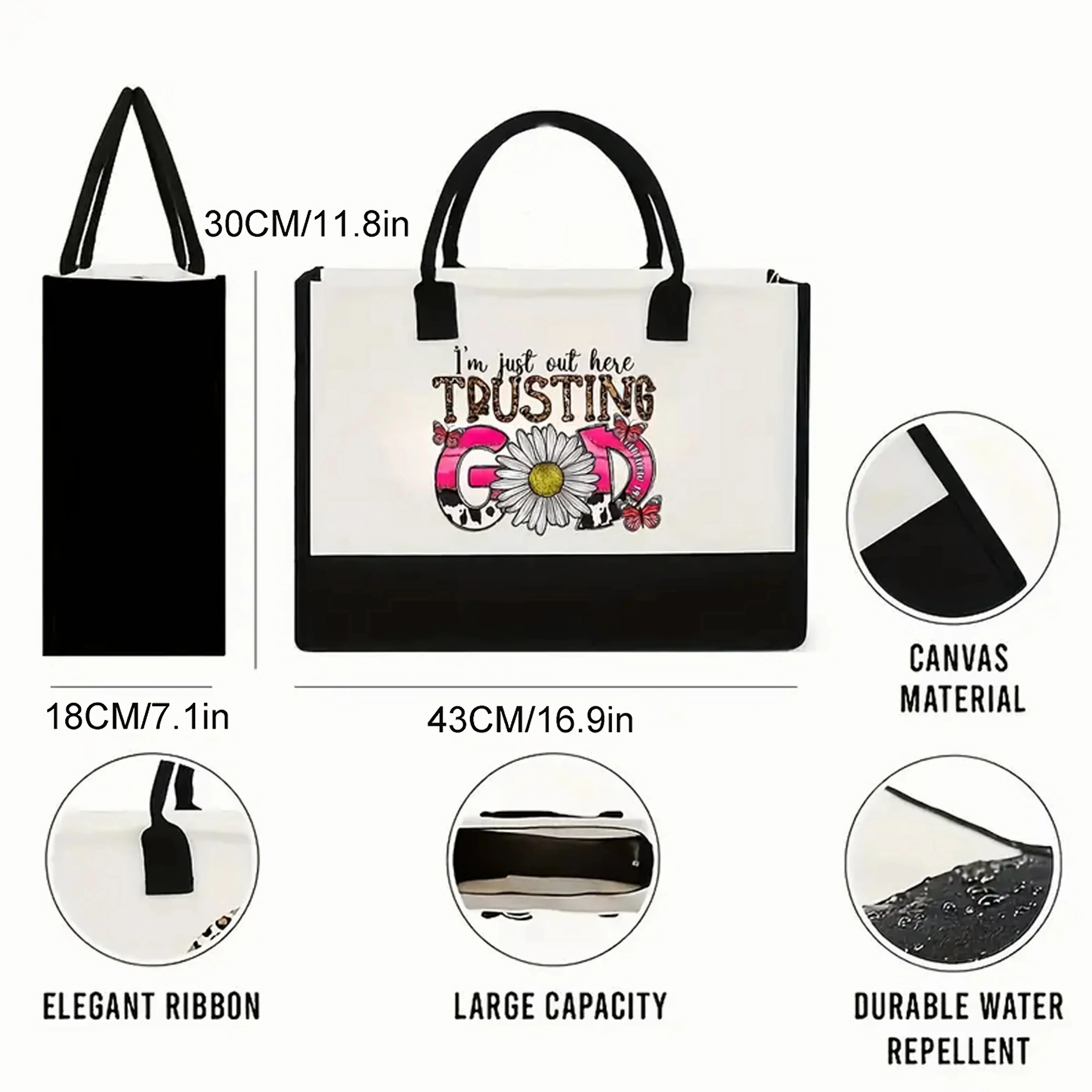 

Flower and God Printed Tote Bag Portable Canvas Shopping Bag Large Capacity Tote Bag for Travel Beach Vacation