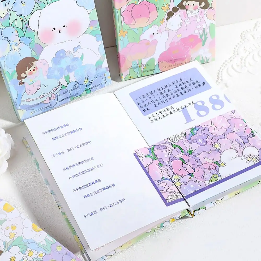 Cuaderno de diario de Panda de dibujos animados, ilustración de página a todo Color, diario de tapa dura, patrón de flores engrosadas, libros de mano para estudiantes