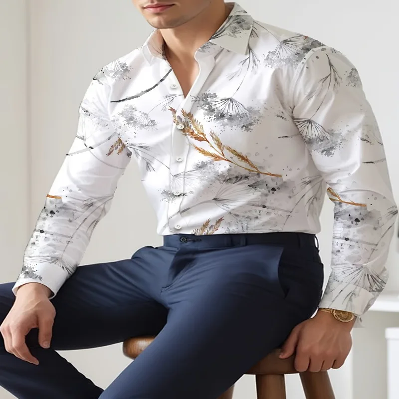 Men's elegant floral shirt, luxurious black and gold printed pattern, regular fit casual top for formal wear - essential for wed