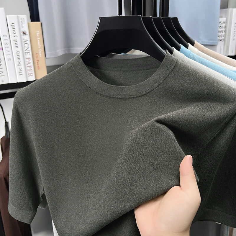 75,4% лиоцелловый трикотаж для мужчин, весна-лето 2021, повседневная вязаная футболка с круглым вырезом и коротким рукавом, дышащие льняные вязаные топы