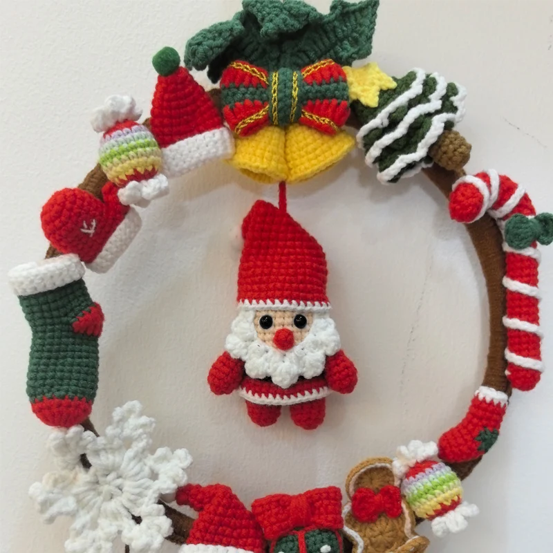 Crochet Christmas Wreath Front Door Artificial Winter Hanging Front Door Window Wreath with Pine Cone Bell Santa Claus Christmas