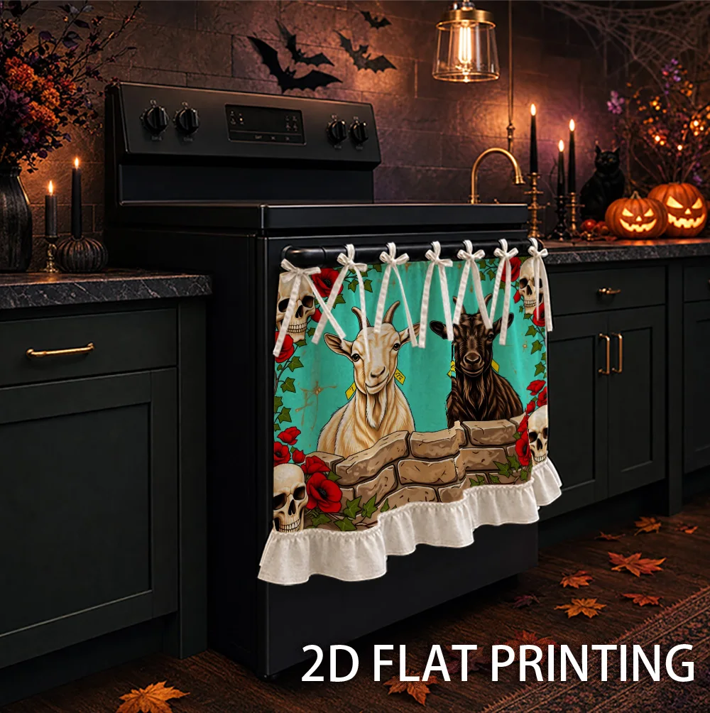1PC kitchen stove curtain, cabinet curtain and apron. Features a 2D graphic design featuring a goat, a skull and a red rose. Use