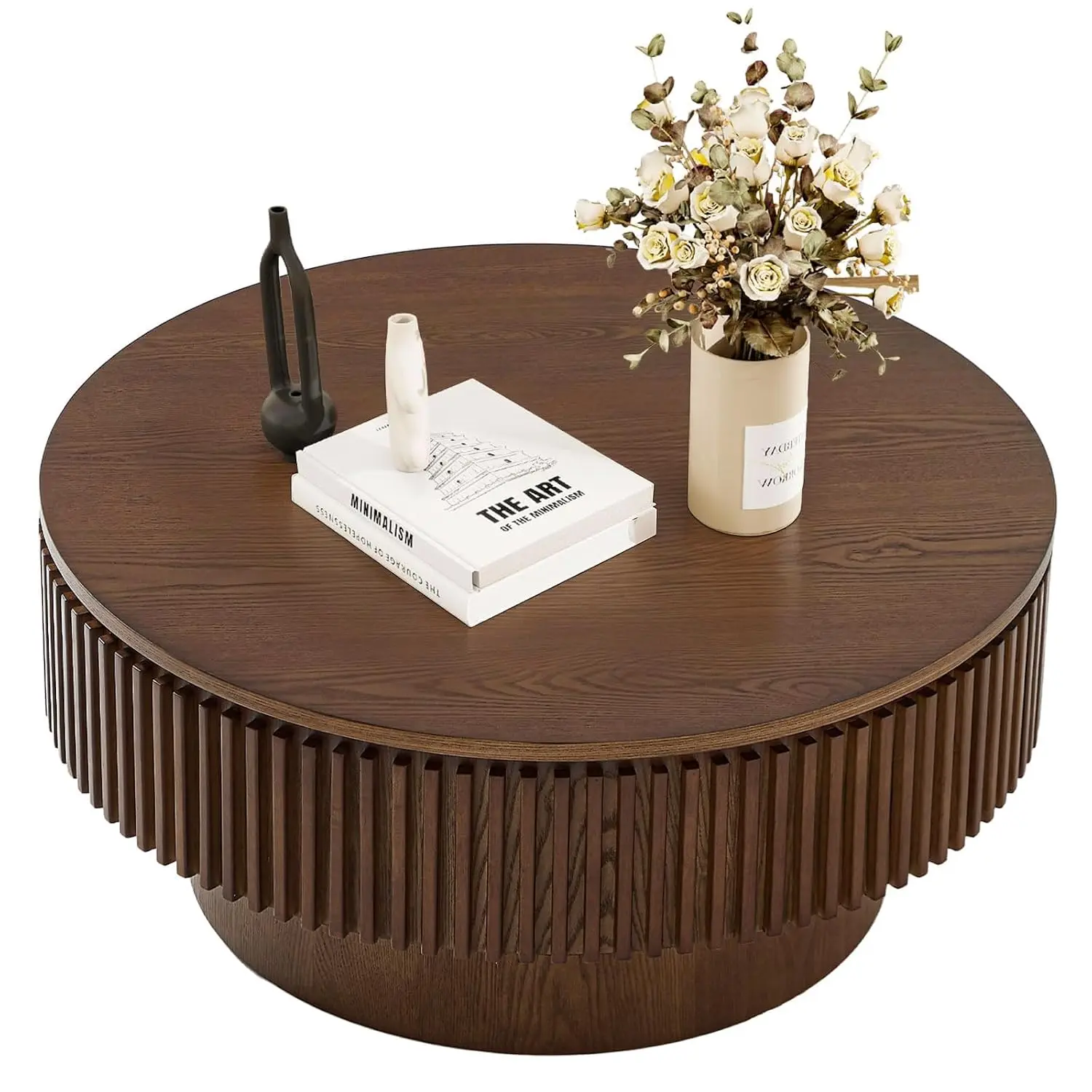 Walnut Round Fluted Coffee Table with Storage for Living Room, Customized