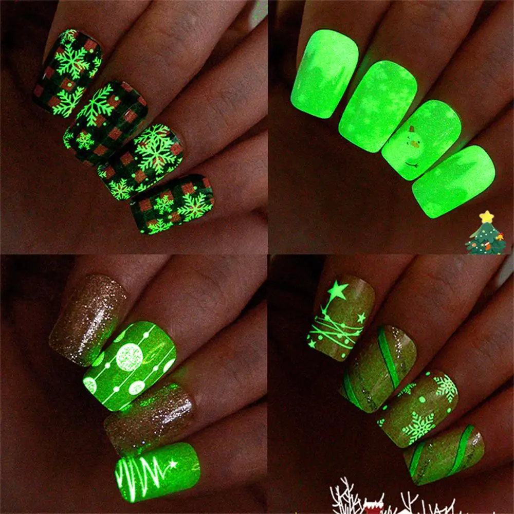 สติ๊กเกอร์ทาเล็บเรืองแสงคริสต์มาส - สติ๊กเกอร์ติดเล็บแบบมีกาวในตัว 16 ชิ้น ของขวัญศิลปะเล็บ DIY ที่สมบูรณ์แบบสำหรับวันหยุด
