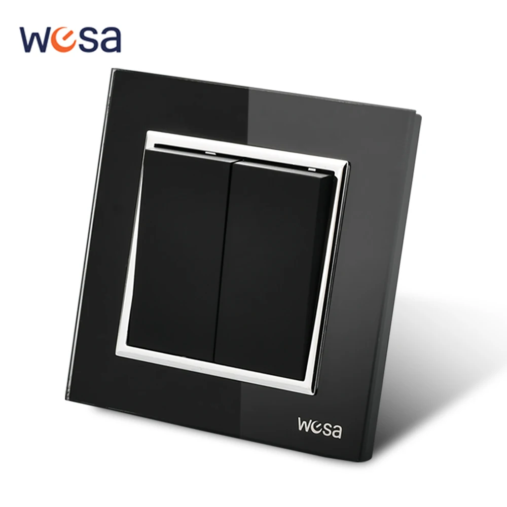 

WESA Luxury Crystal Tempered Glass Panel Black Wall Switch Flame retardant 2 Gang 1 Way Wall Rocker Switch On / Off 16A AC 250V