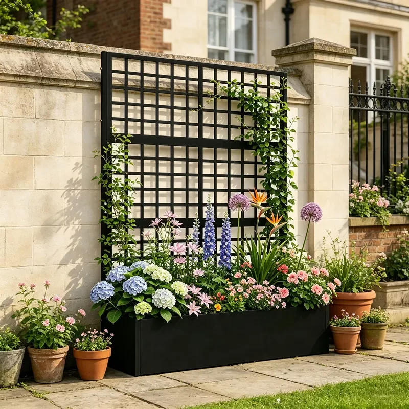 Black Metal Raised Garden Bed 2-in-1 with Lattice Trellis and Privacy Screen Heavy Customizable Plant Box
