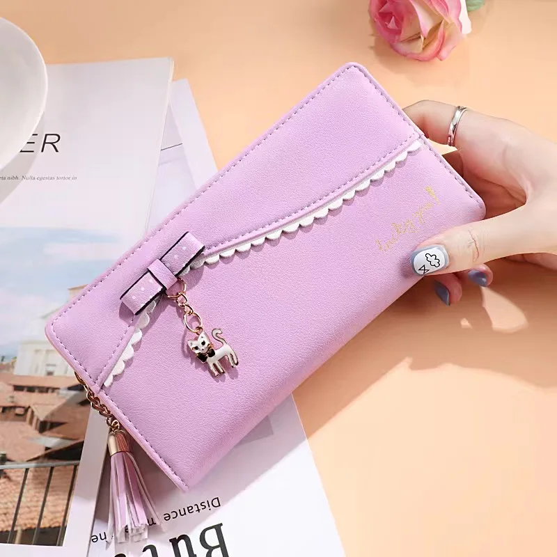 Luxury Long Wallet Purses for Women Lace Fashion Slim Wallets Female Cat Pendant Clutch Bag Girls Cute Coin Credit Card Holder