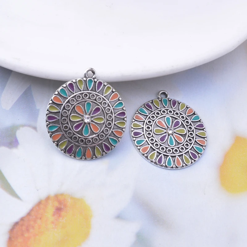 10 Stück/Set 26*24mm Antiksilberfarbene Runde Strass-Emaille-Legierungsanhänger Schmuck Ohrringe Anhänger Zubehör – Detail 4