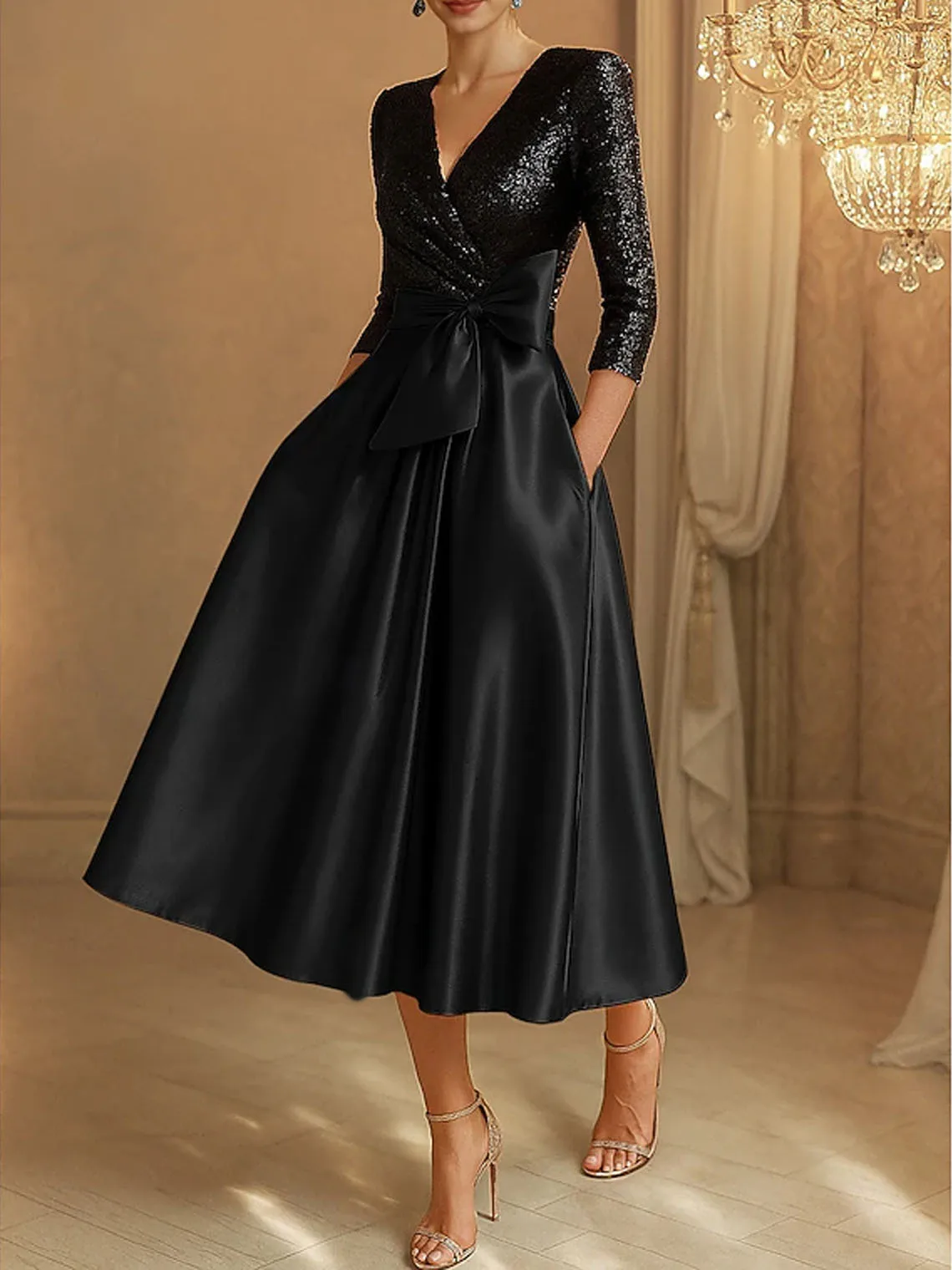 Vestido de noche elegante de corte A, cuello en V, lazo con lentejuelas, longitud del té, manga 3/4, vestido de invitados de boda de satén elástico, personalizado gratis 2025