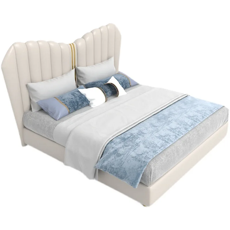 

# Butterfly-Shaped Vertical Headboard Leather Bed for Bedroom, Plush Soft Bed with Stripe Craft & Chic Contemporary Style