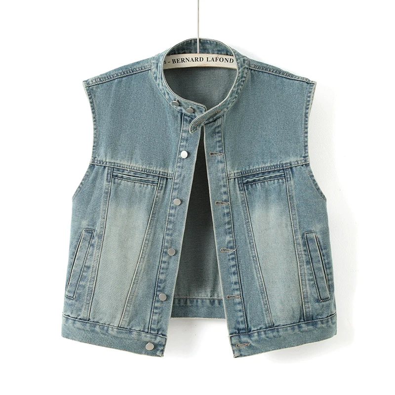 

Vintage Blue Short Slim Thin Denim Vest Women Summer New Loose Casual Stand Collar Single-Breasted Sleeveless Cowboy Waistcoat