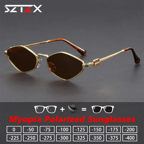 SZTZX Street Fashion gafas de sol poligonales para miopía para mujer, gafas Retro para conducir UV400, gafas de sol polarizadas graduadas personalizables