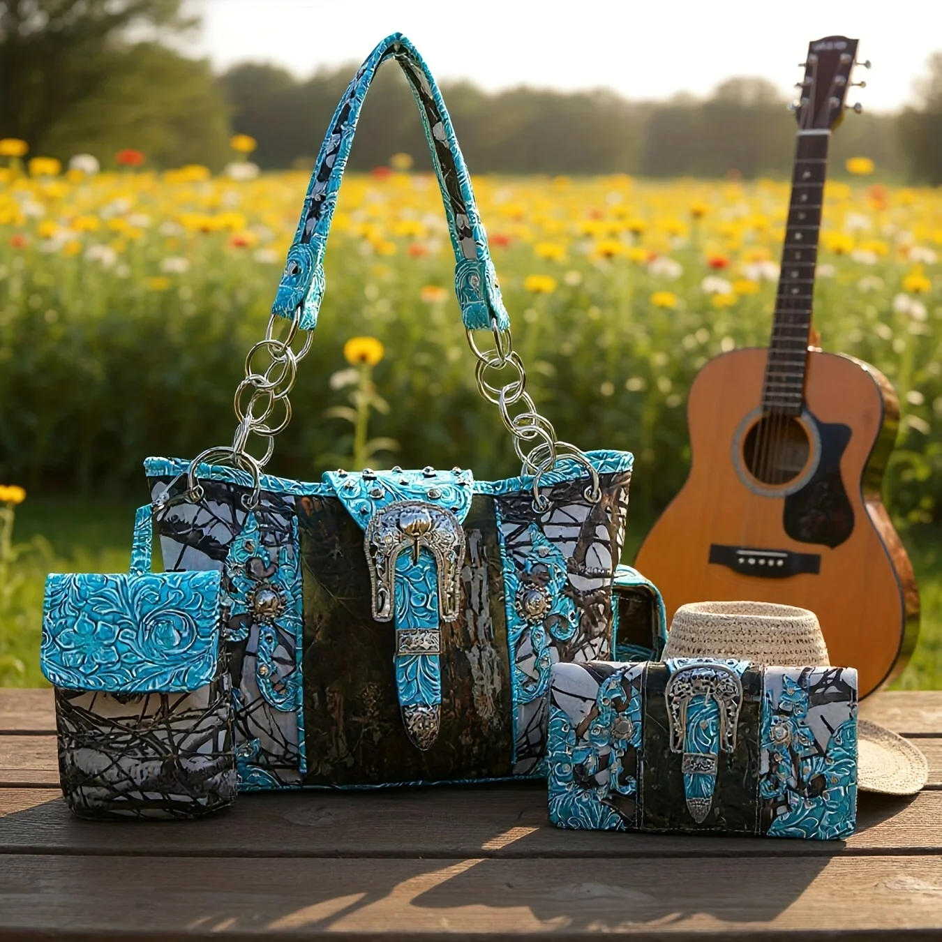 

Western Style Camouflage Handbag with Decorative Buckles, Carved Rural Rivets, Crossbody Women'S Bag, Shoulder Bag, Wallet Set