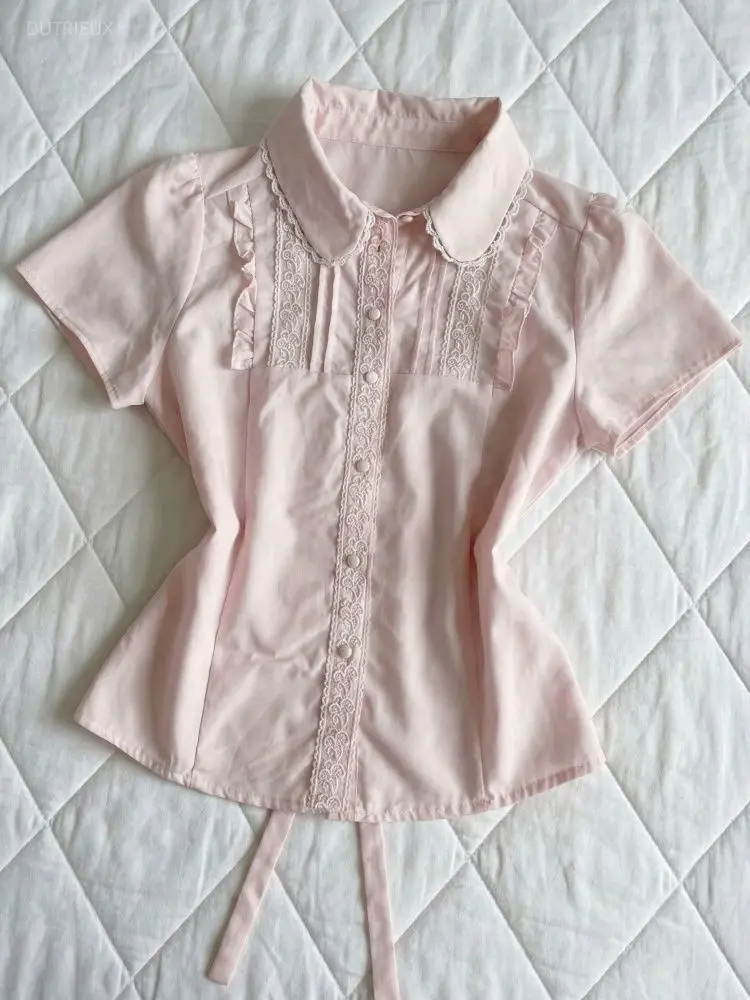 Y2k Short Blouses Solid Spring Summer Japanese Style Sweet Vintage Blusas Mujer Fashion Short Sleeve Bandage Blusas Mujer