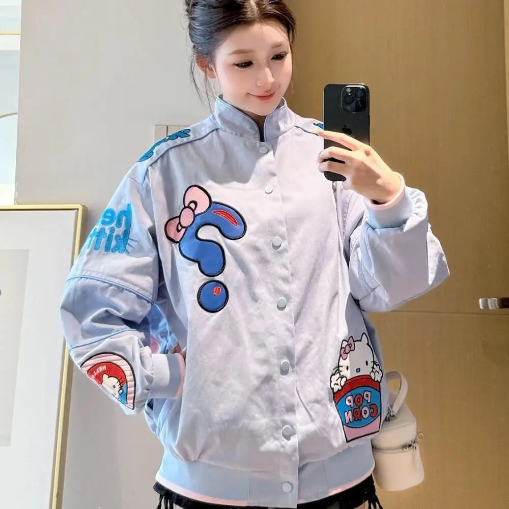 

Kawaii женская бейсбольная форма пальто аниме Hello Kitty Sanrio осень милое пальто с вышивкой топы для девочек свободный костюм для отдыха локомотива