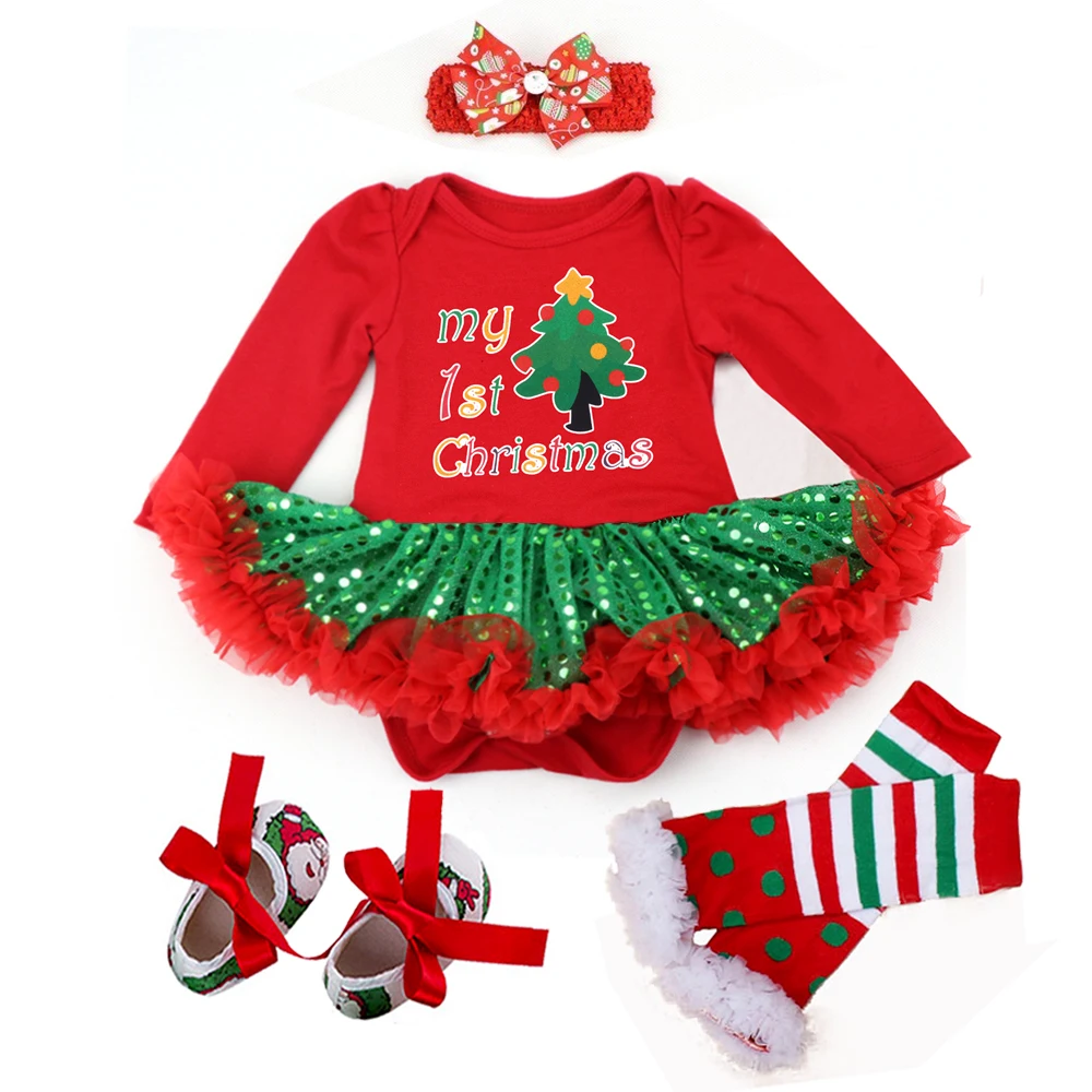 Fashion My First Christmas Baby Girl Clothes Ruffle Romper + Red Bling-Bling Dress 2023 New Year Costume Baby Halloween Outfit