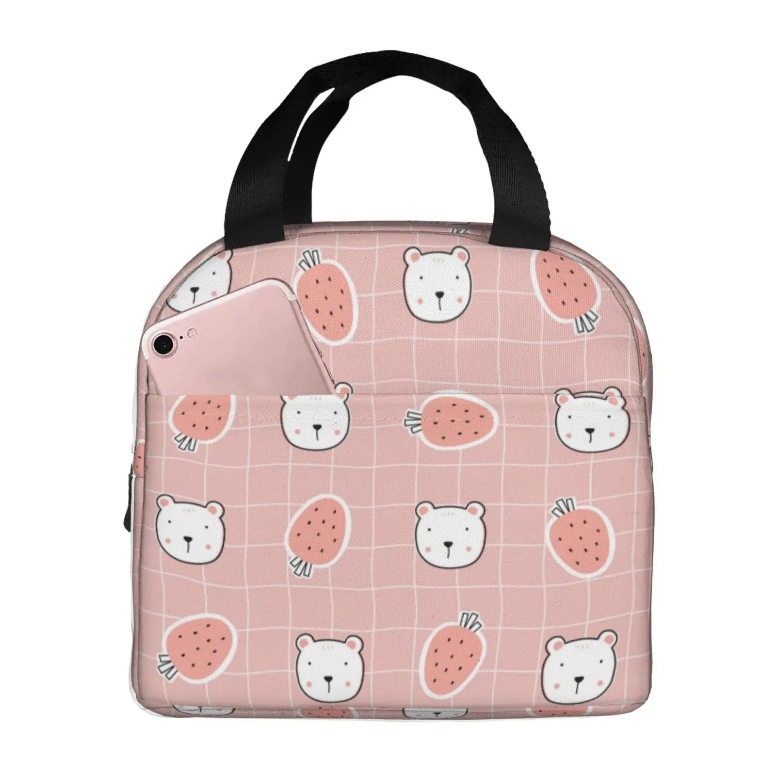 حقيبة غداء كاواي بير والفراولة للنساء والرجال، حاوية علب غداء معزولة بالفراولة قابلة لإعادة الاستخدام مع جيب أمامي