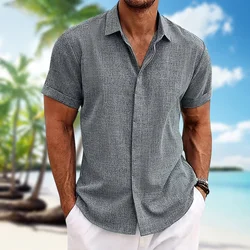 Men's short-sleeved shirt cotton linen lightweight skin-friendly beach top loose casual solid color fashion men's wear