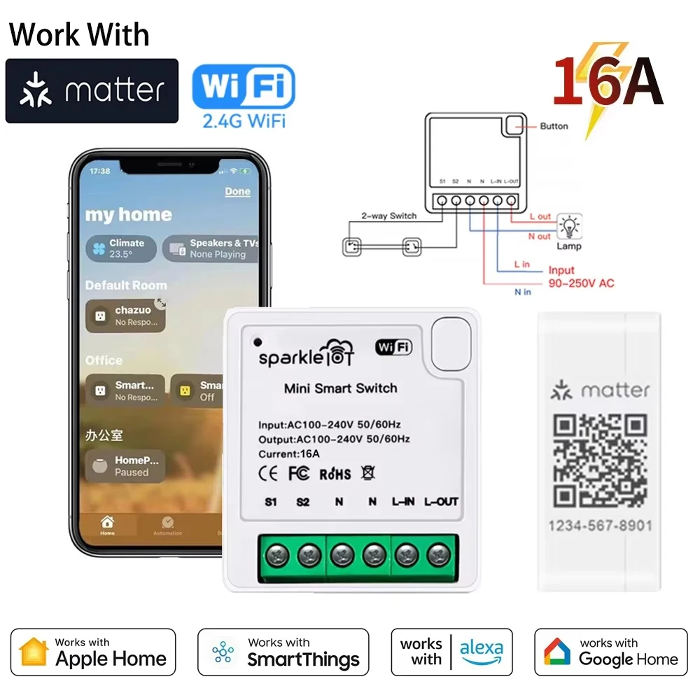 Matter Smart Smart Breaker Voice Control 16A WIFI Smart Switch 1 CH Module Automation Relay Homekit Siri Alexa Google Home