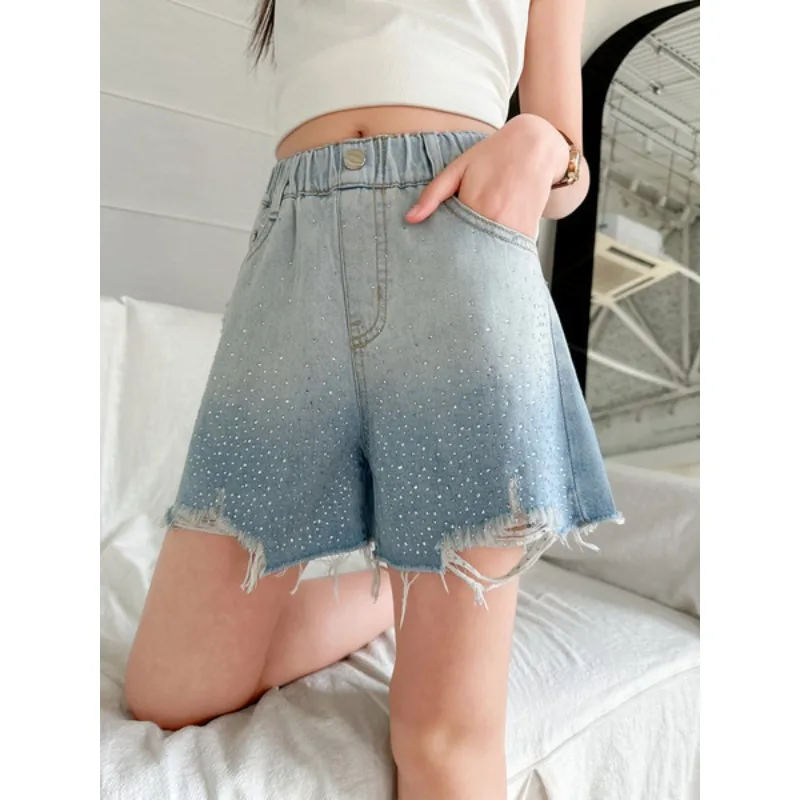 Wholesale Girls Summer Thin Raw Hem Ripped Rhinestone Denim Shorts Middle Big Kids Chic Loose Three Quarter Pants