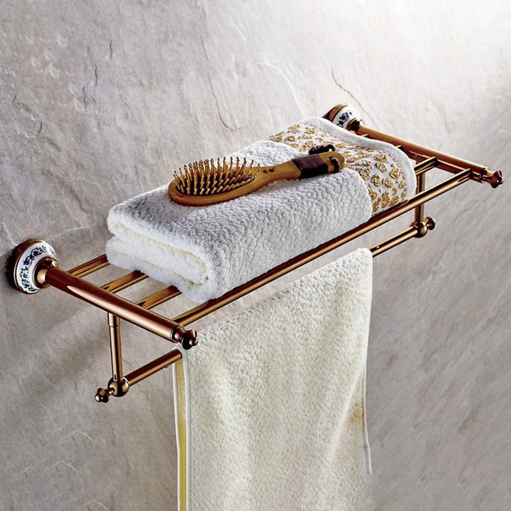 

Rose Gold Brass Wall Mount Shelf Towel Rack Bath Rails Hanger Storage Towel Bars Holder Bathroom Accessories zba383