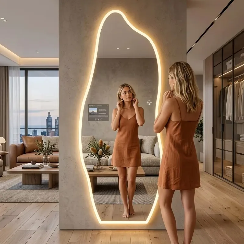 Modern touchscreen frameless full-size LED fitting mirror irregular wall-mounted full-length mirror suitable for bedroom