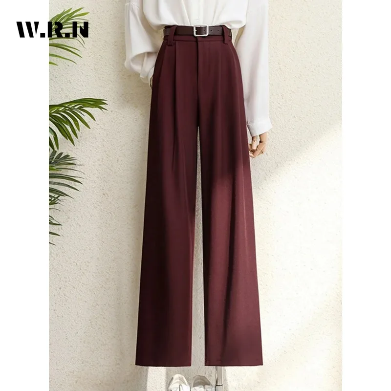 Fall Winter 2024 Burgundy Suits Pants for Women Office Lady Elegant High Waist Wide Leg Fashion Trousers with Pockets Black Gray