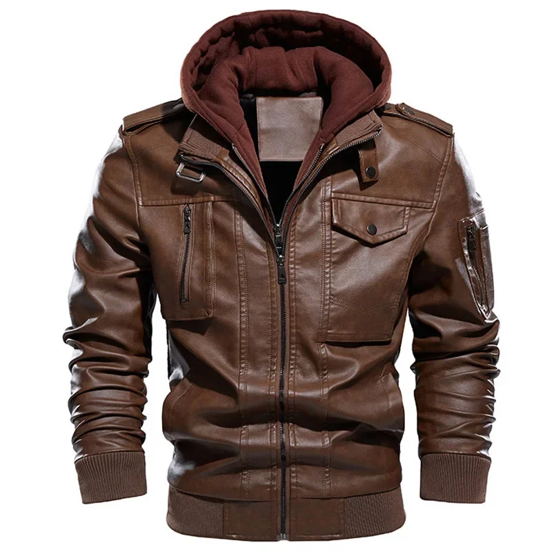 Winter Thick Warm Vintage Hooded Collar Club Bomber Leather Coats  Motorcycle Jacket Men Casual PU Leather Jackets