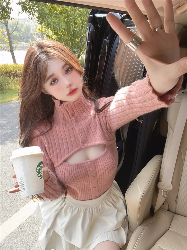 Knitted Sweater Woman Casual Long Sleeve Crop Tops Pure Color Elegant Pullover Korean Fashion Clothing Design 2022 Autumn Slim