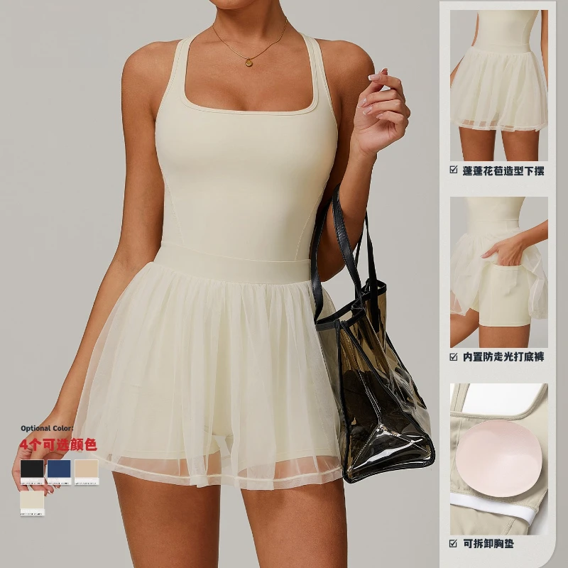 

Women's Breathable Quick-dry Tennis Yoga Dress Sleeveless Tummy Control Mini Mesh Dress Built-in Bra and Shorts for Golf Fitness