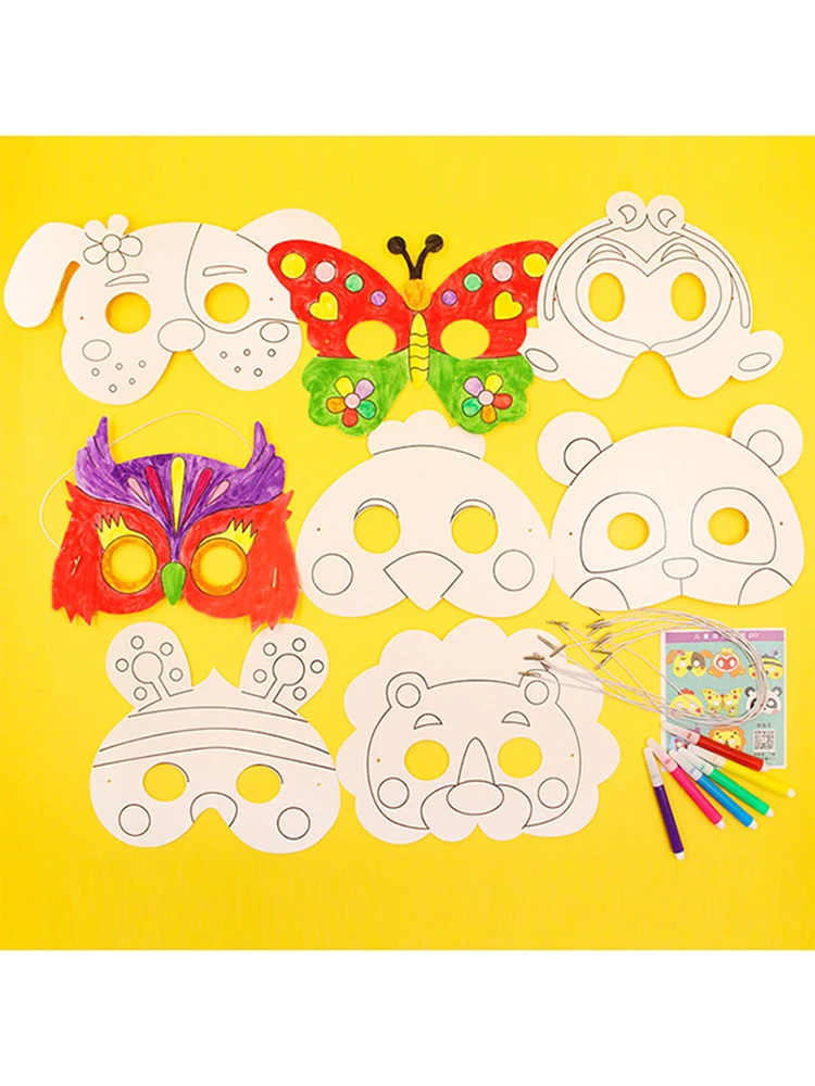 8Piece Kids Cartoon Animal DIY Graffiti Art Crafts Mask Toy Paper Mask Ręcznie malowana biała papierowa karta z kolorowymi długopisami — zdjęcie 2