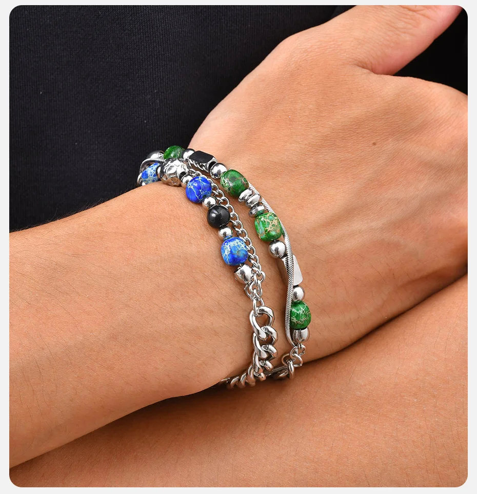 Vnox Herren-Doppelschicht-Armband, Edelstahl Kubanisches Türkis-Perlenarmband, Verstellbarer Schmuck für Männer, für den täglichen Gebrauch und Partys. – Detail 3