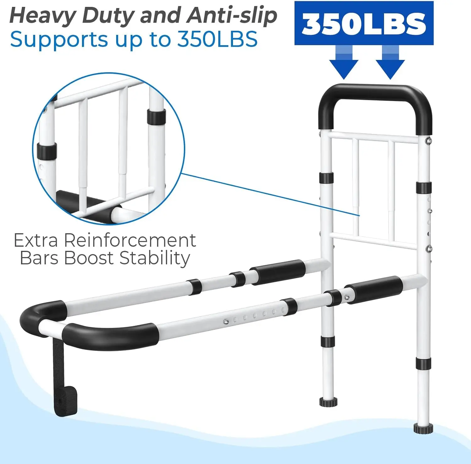 Adjustable Bed Rail with Motion Sensor Light, Non-Slip Handle & Storage Pocket, 350LBS Support for Seniors, Tool-Free Setup