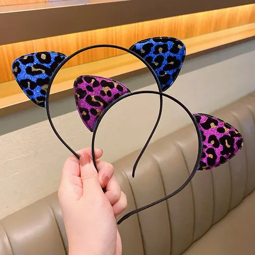 Imagen 2 del producto Diadema con orejas de gato con purpurina y estampado de leopardo Vintage para niña y mujer, diadema con orejas de gato bonitas, accesorios para el cabello para niño