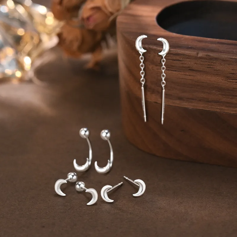 S999 Sterling Silver Dangle Threader Earrings For women with Moon Style Niche Design Exquisite Screw-Back Hypoallergenic Jewel