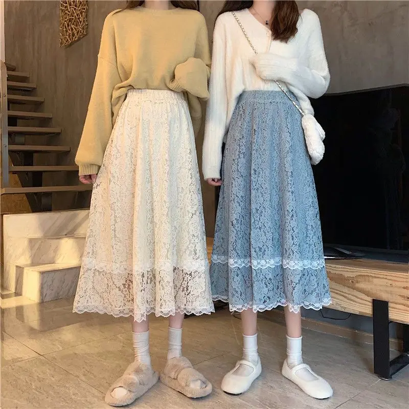 Kawaii Skirt for Women Spring Summer Black Long Skirts for Women Fashion Lace Skirt 2024 New Spring Summer Mid Length Skirt