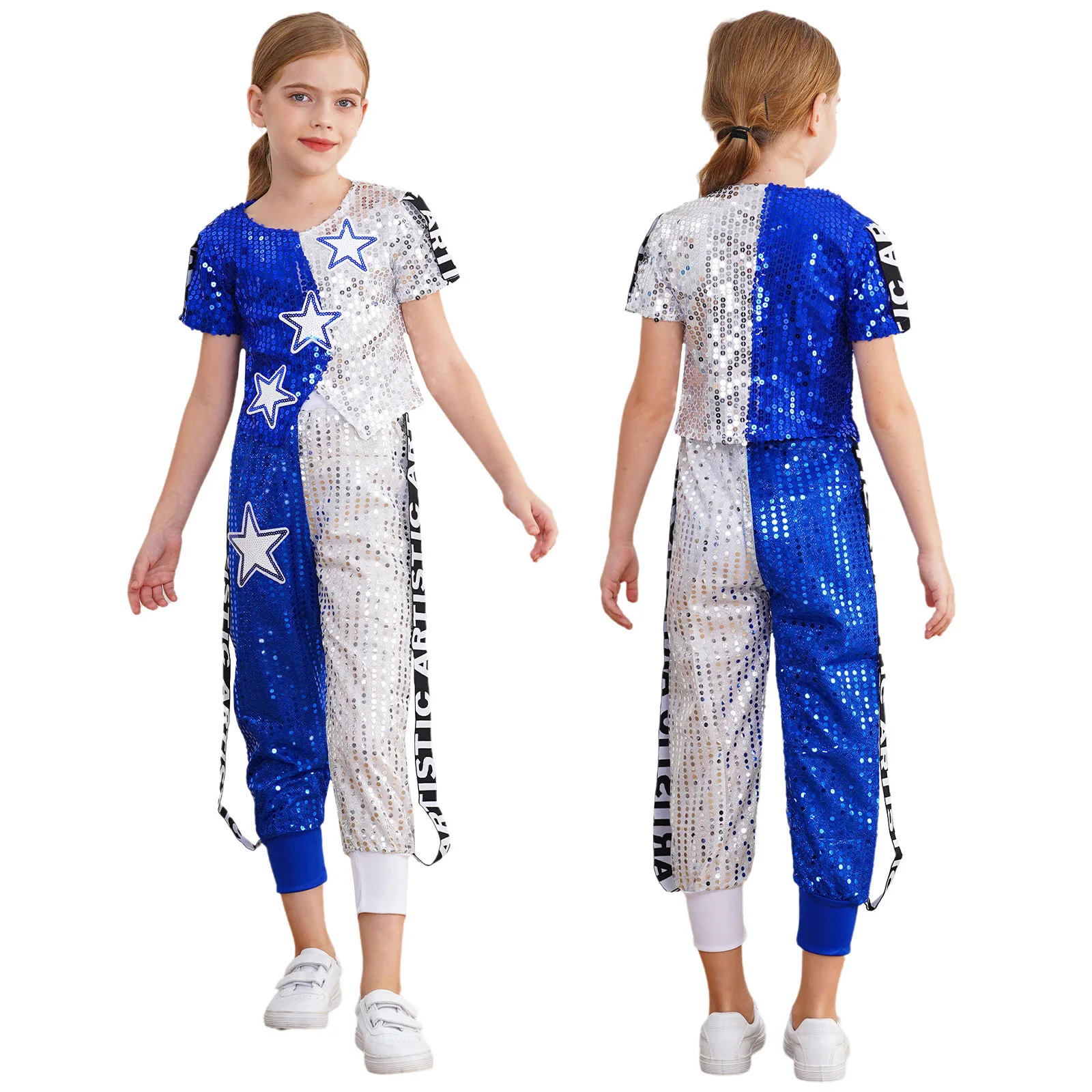 Boys Girls Hip Hop Street Dance Costume Sequins Top T-shirt Pants Set Clothes for 80s 90s Disco Dance Outfits Modern Dancewear