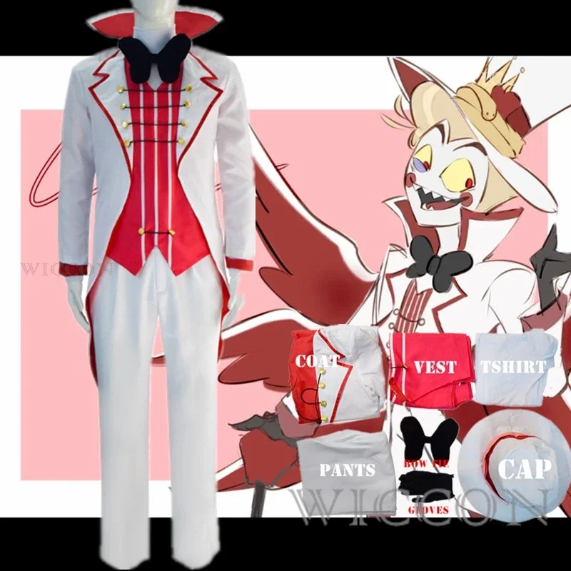 Hazbin Lucifer Cosplay Anime Hotel Morningstar Cosplay Costume Wig Daddy White Suit Devil Hell Halloween Party Adult Men Costume