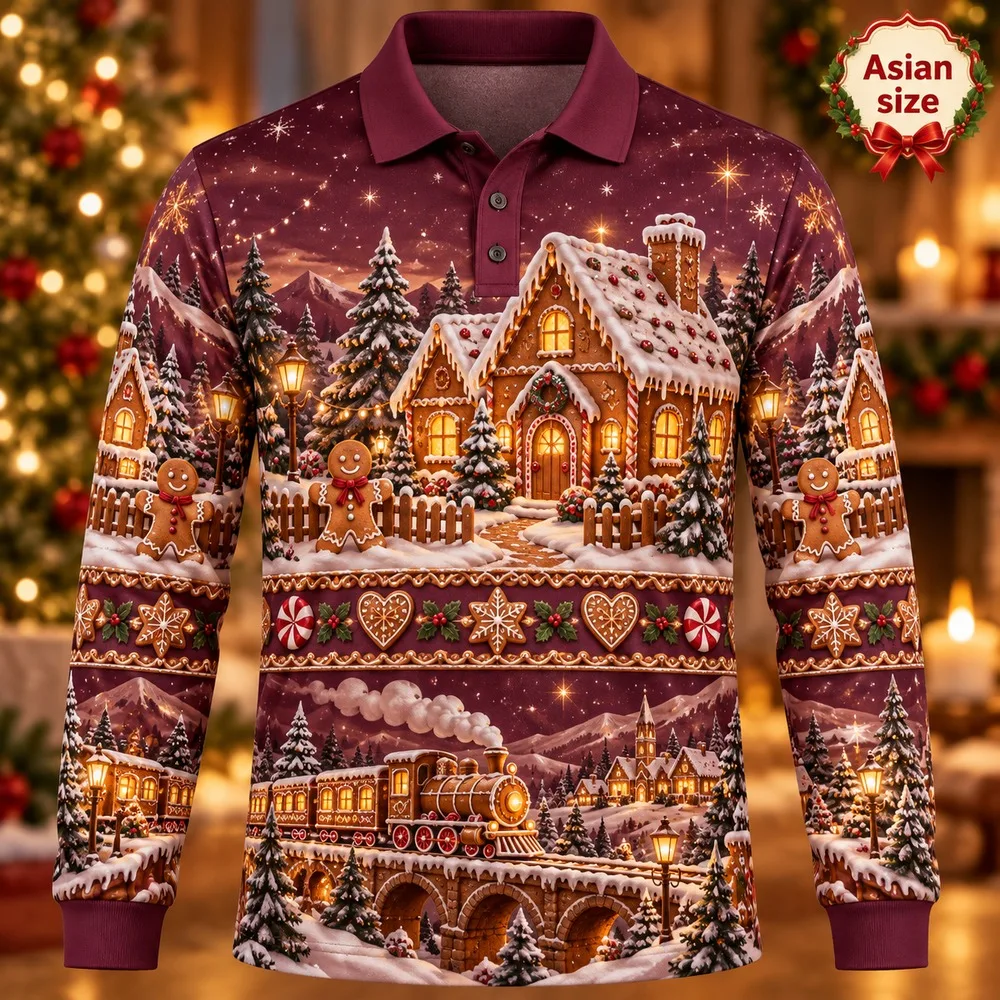 2026 Gingerbread Bakery Long Sleeve Polo Shirt for Men 3D Print Polyester Holiday Graphic Festive Casual Winter Fashion Party