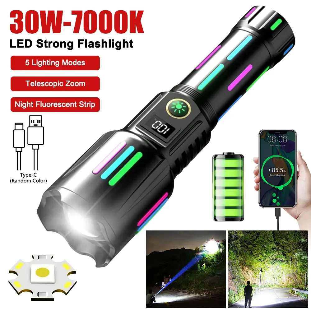 

3000 Meter Long-Range White Laser Flashlight TYPE-C Rechargeable Zoomable Search Spotlight Portable Hand Lantern 5 Lighting Mode