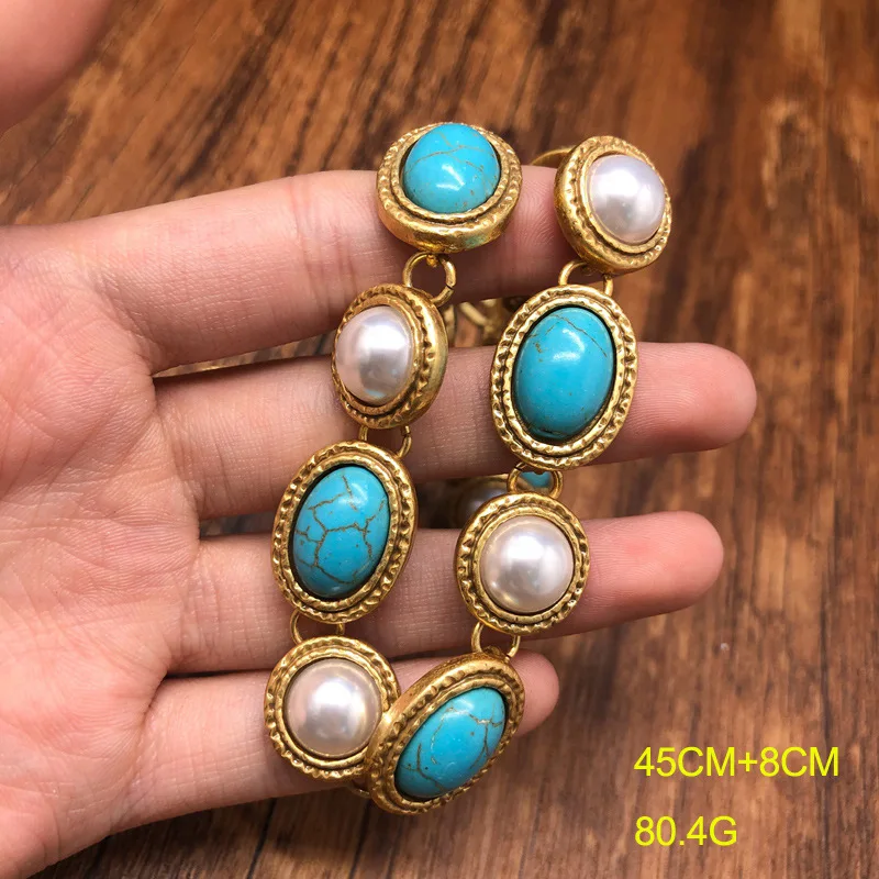 бижутерия женская retro distressed gold turquoise pearl necklace bracelet ear stud jewelry