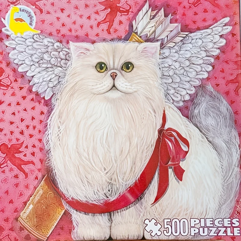 

500 шт. пазл с милым ангельским котом, 19,69x19,69 дюйма — причудливый белый кот с крыльями и красной лентой