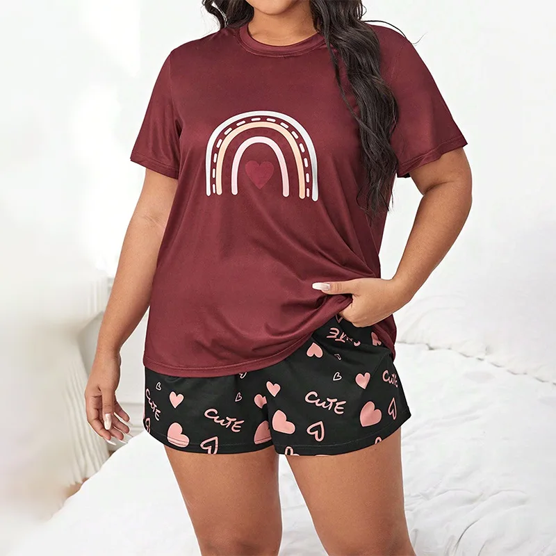 Plus Size XL-5XL Women\'s Pajama Set Letter Print Soft Summer Short-sleeved Shorts Faux Cotton Sleepwear Nightwear Loungewear 2PC