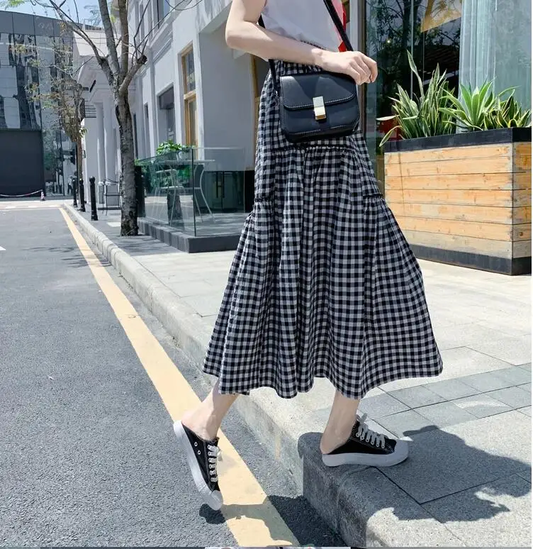 Gonne a pieghe scozzesi vintage estive Jurken Elastico a vita alta Midi Gonna lunga a trapezio Gonna stile preppy Harajuku da donna Skater