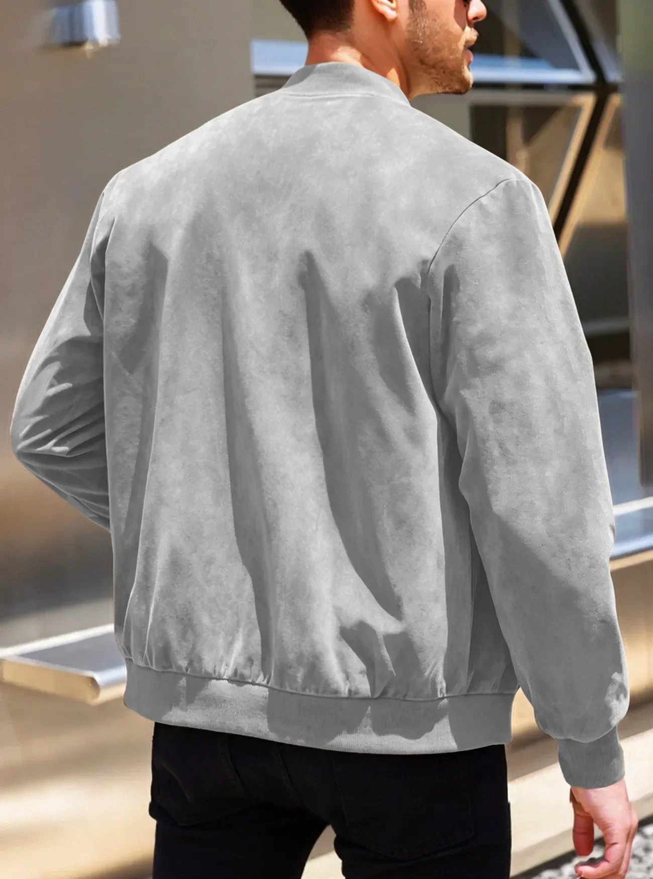 Herren-Wildlederjacke mit durchgehendem Reißverschluss, Stehkragen, lässig, langärmelig, einfarbig, leichte Streetwear-Oberbekleidung – Detail 23